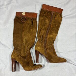 Michael Kors Brown Suede Tall Heeled Boots with Tan Trim